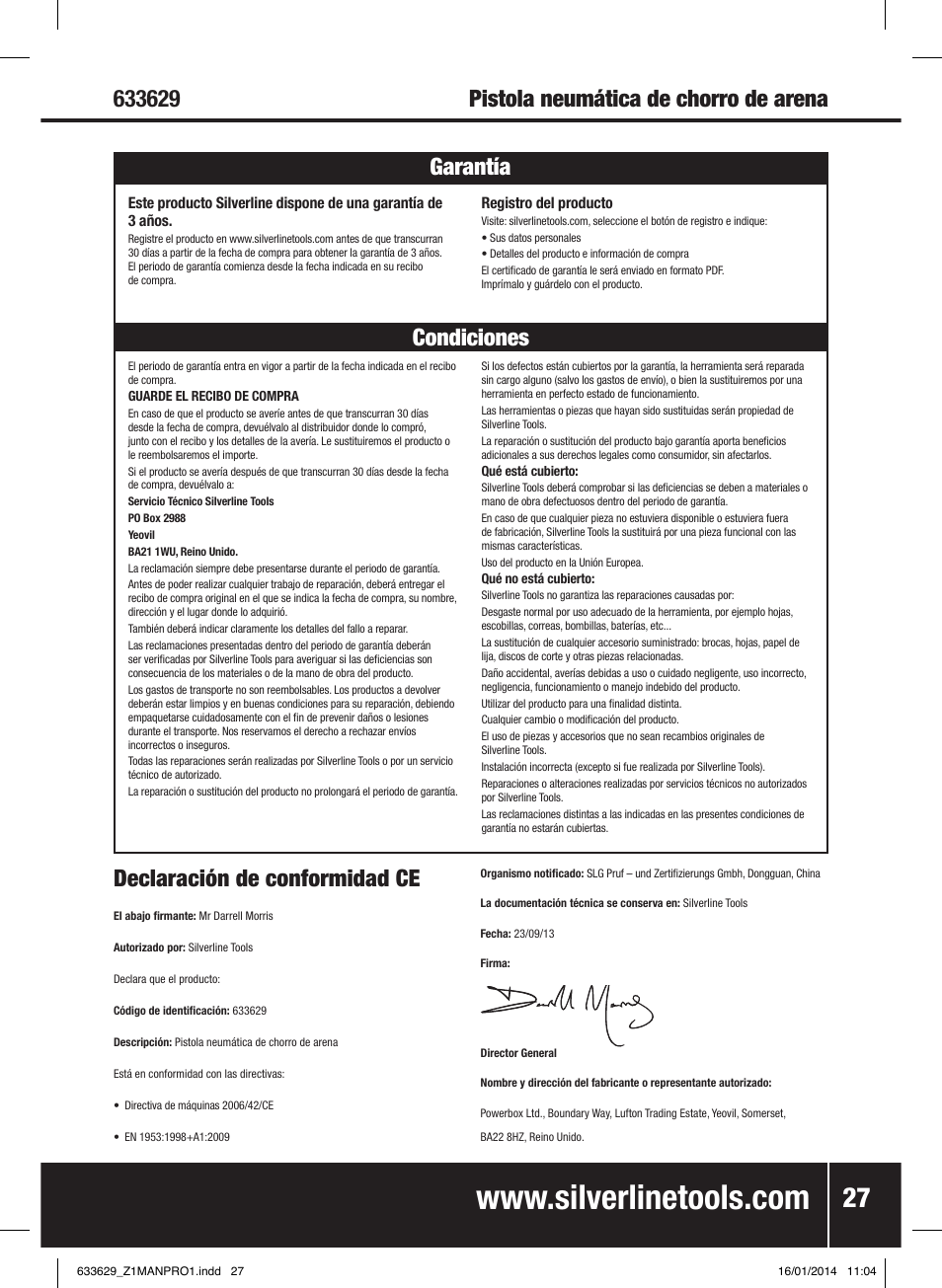 Declaración de conformidad ce | Silverline Air Sandblasting Kit User Manual | Page 28 / 44