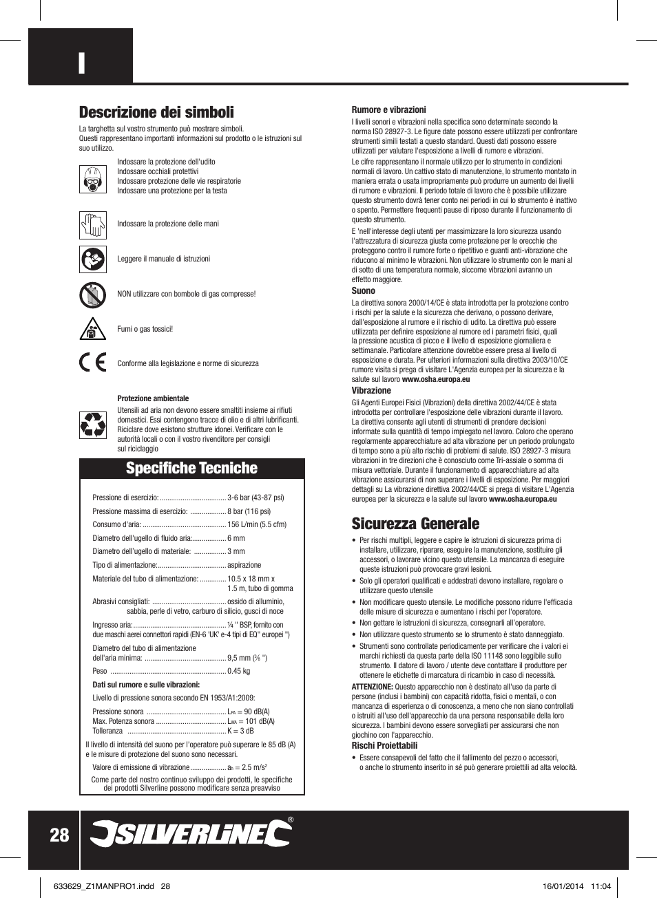 Sicurezza generale, Descrizione dei simboli, Specifiche tecniche | Silverline Air Sandblasting Kit User Manual | Page 29 / 44