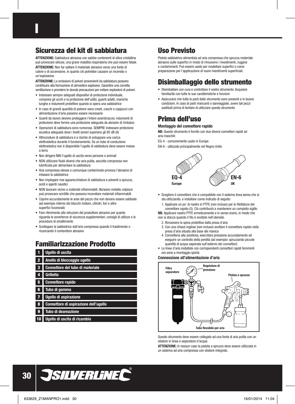 Uso previsto, Disimballaggio dello strumento, Prima dell’uso | Sicurezza del kit di sabbiatura, Familiarizzazione prodotto, Eq-4, En-6 | Silverline Air Sandblasting Kit User Manual | Page 31 / 44