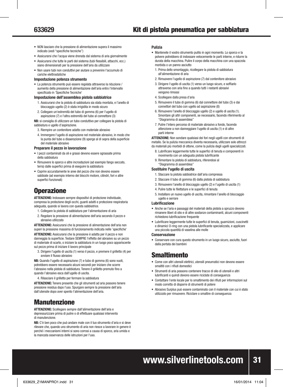 Operazione, Manutenzione, Smaltimento | Silverline Air Sandblasting Kit User Manual | Page 32 / 44