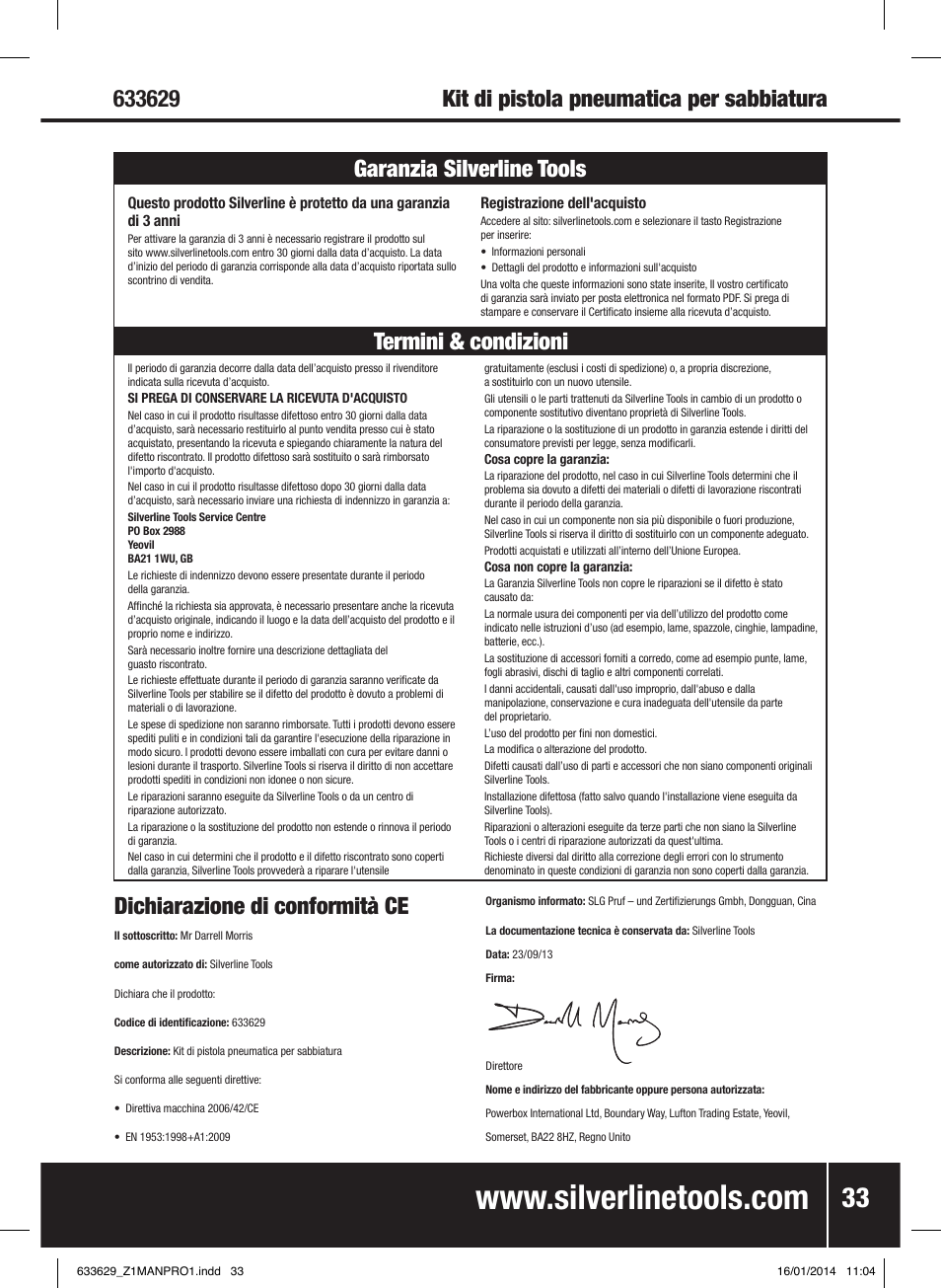 Dichiarazione di conformità ce | Silverline Air Sandblasting Kit User Manual | Page 34 / 44