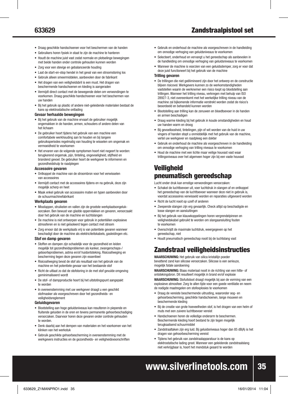 Veiligheid pneumatisch gereedschap, Zandstraal veiligheidsinstructies | Silverline Air Sandblasting Kit User Manual | Page 36 / 44