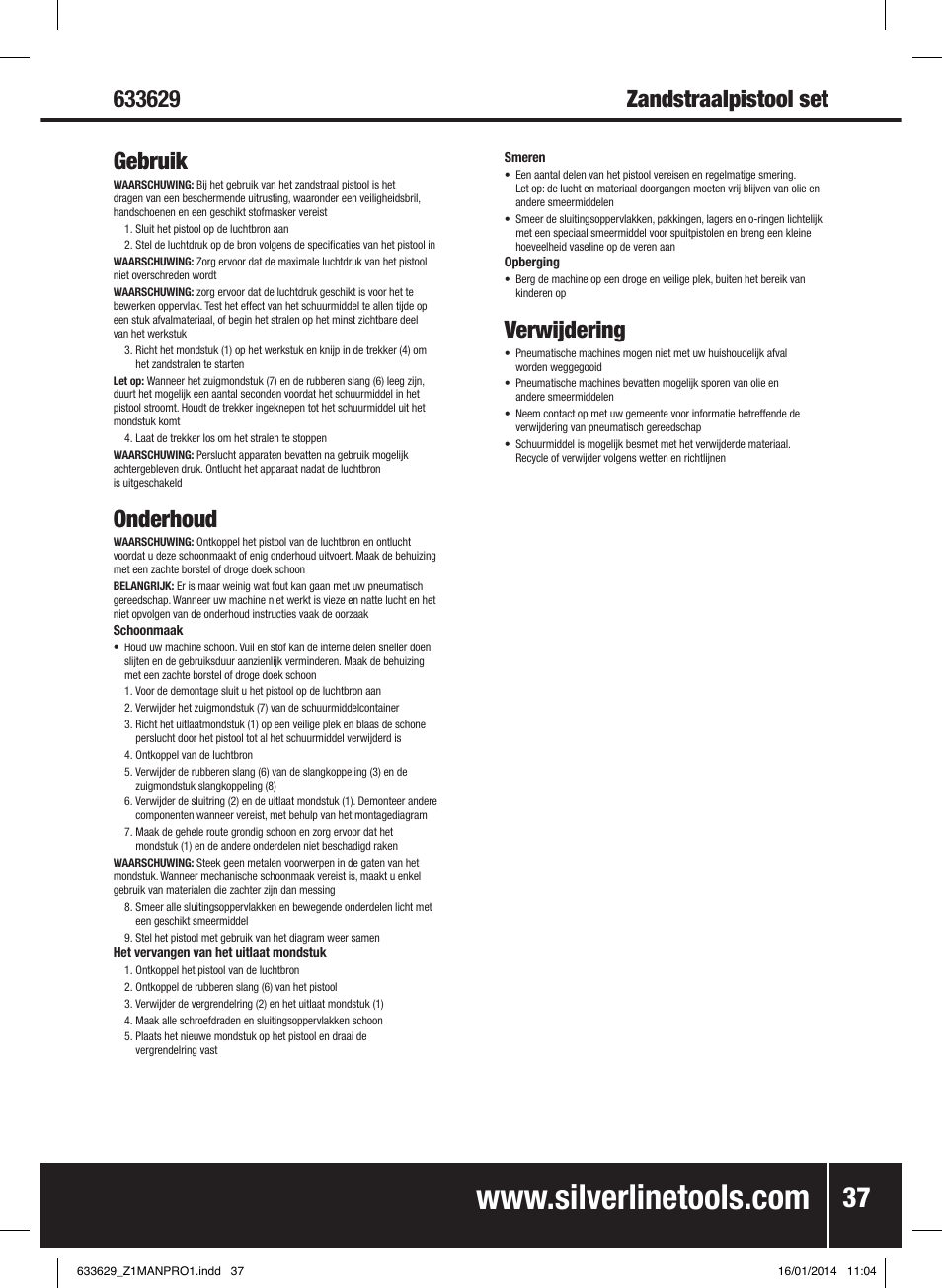 Onderhoud, Verwijdering | Silverline Air Sandblasting Kit User Manual | Page 38 / 44