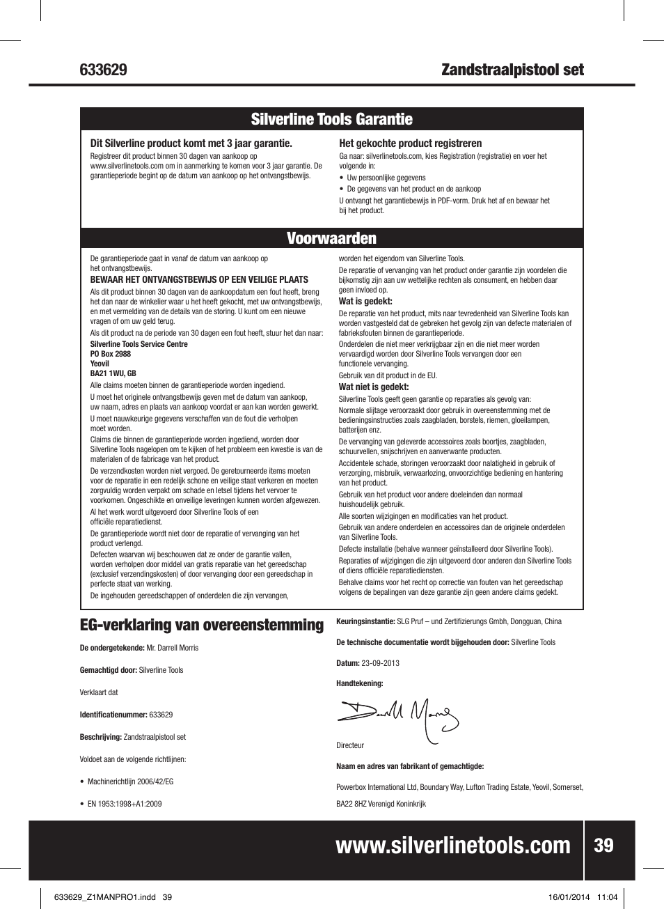Eg-verklaring van overeenstemming | Silverline Air Sandblasting Kit User Manual | Page 40 / 44