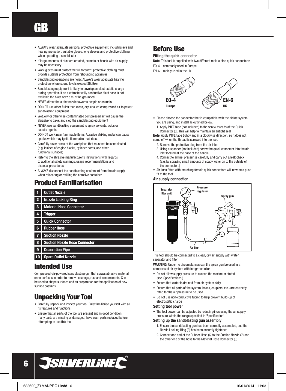 Product familiarisation intended use, Unpacking your tool, Before use | Eq-4, En-6 | Silverline Air Sandblasting Kit User Manual | Page 7 / 44