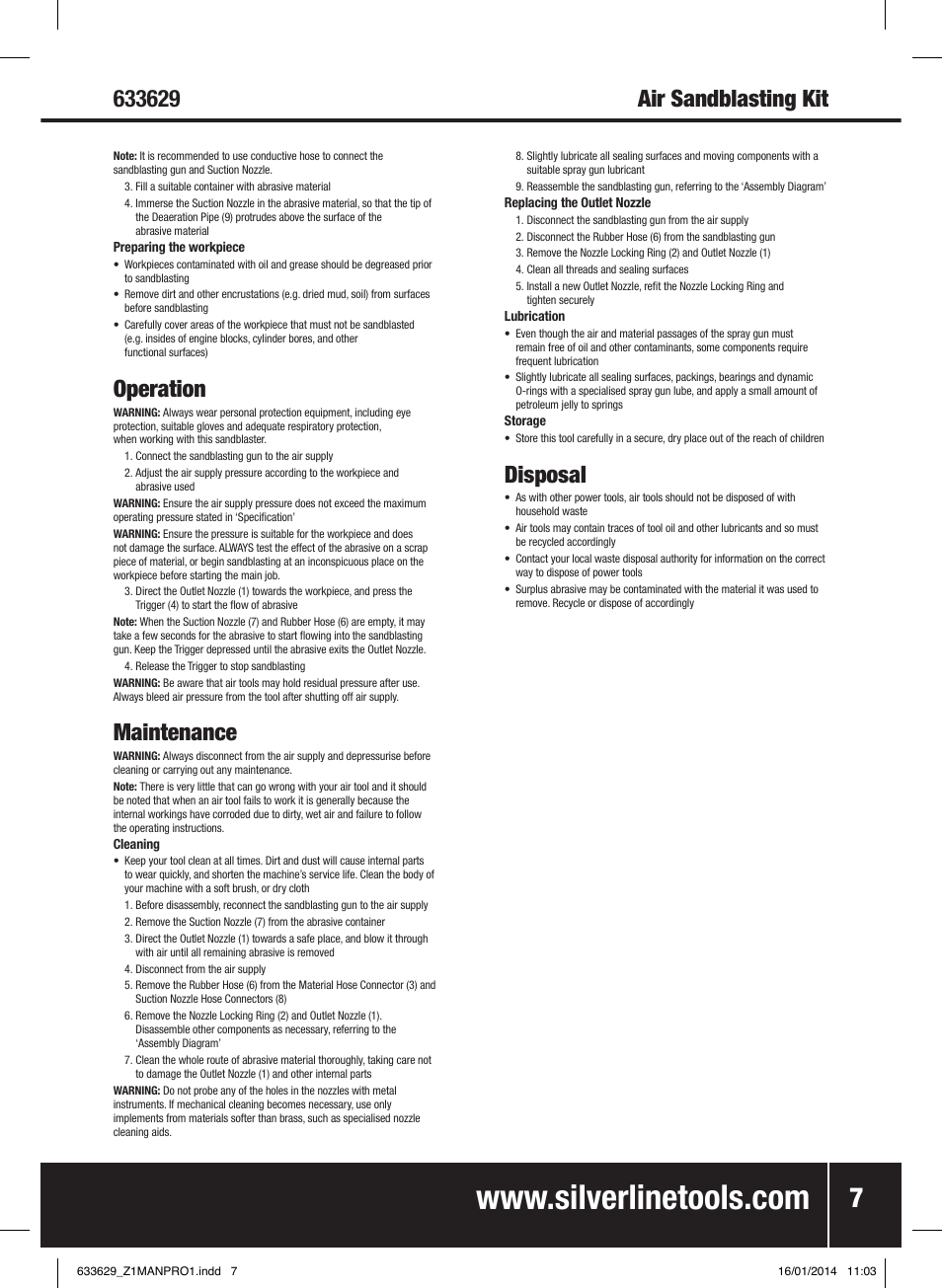 Operation, Maintenance, Disposal | Silverline Air Sandblasting Kit User Manual | Page 8 / 44