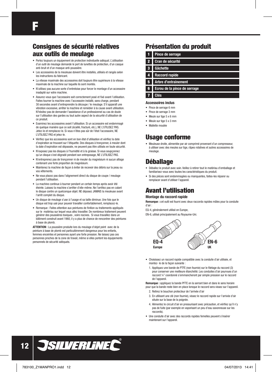 Présentation du produit, Usage conforme, Déballage | Avant l’utilisation, Eq-4, En-6 | Silverline Air Die Grinder Kit 15pce User Manual | Page 13 / 40