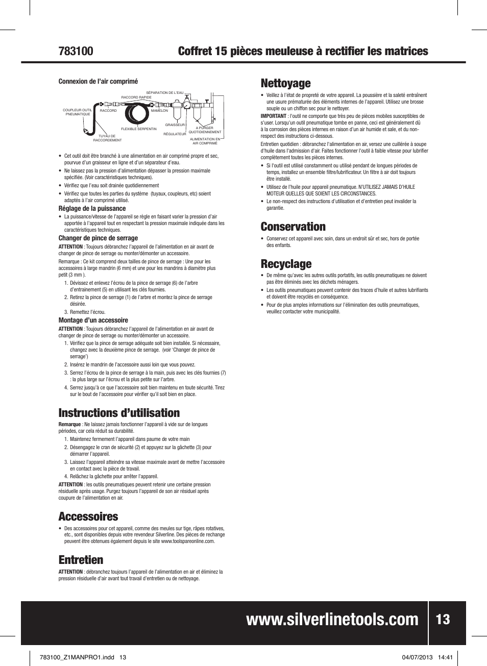 Instructions d’utilisation, Accessoires, Entretien | Nettoyage, Conservation, Recyclage | Silverline Air Die Grinder Kit 15pce User Manual | Page 14 / 40