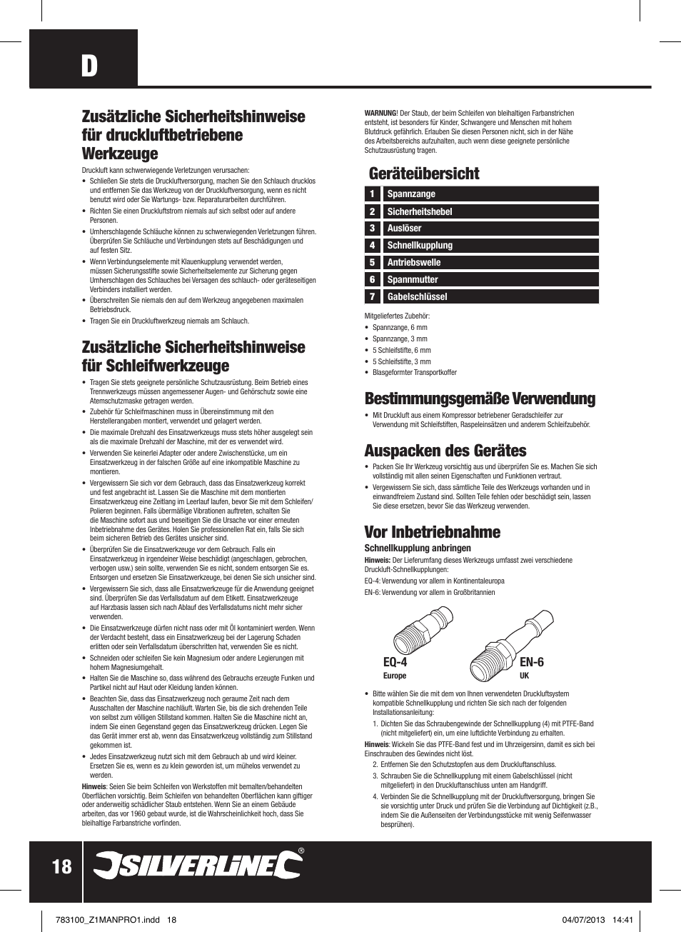 Geräteübersicht, Bestimmungsgemäße verwendung, Auspacken des gerätes | Vor inbetriebnahme, Eq-4, En-6 | Silverline Air Die Grinder Kit 15pce User Manual | Page 19 / 40