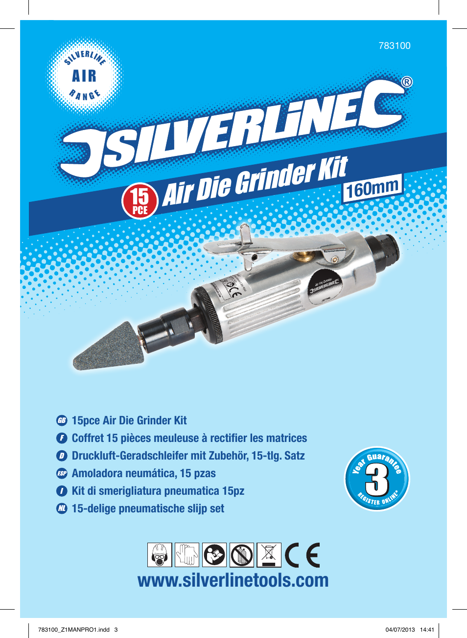 Air die grind er kit, 160mm, A i r | Silverline Air Die Grinder Kit 15pce User Manual | Page 2 / 40