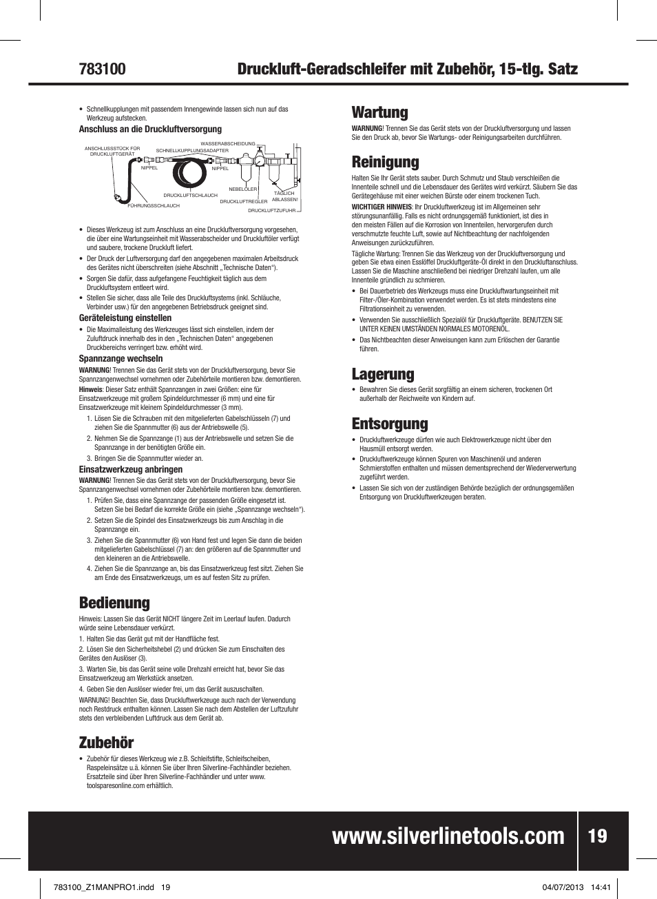 Wartung, Reinigung, Lagerung | Entsorgung, Druckluft-geradschleifer mit zubehör, 15-tlg. satz, Bedienung, Zubehör | Silverline Air Die Grinder Kit 15pce User Manual | Page 20 / 40