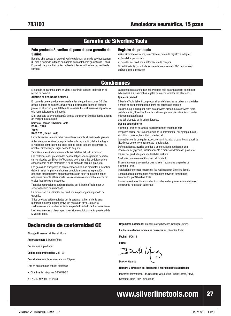 Declaración de conformidad ce | Silverline Air Die Grinder Kit 15pce User Manual | Page 28 / 40