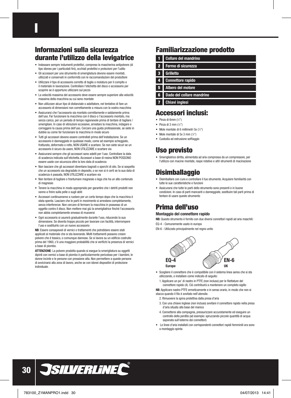 Accessori inclusi, Uso previsto, Disimballaggio | Prima dell’uso, Eq-4, En-6 | Silverline Air Die Grinder Kit 15pce User Manual | Page 31 / 40