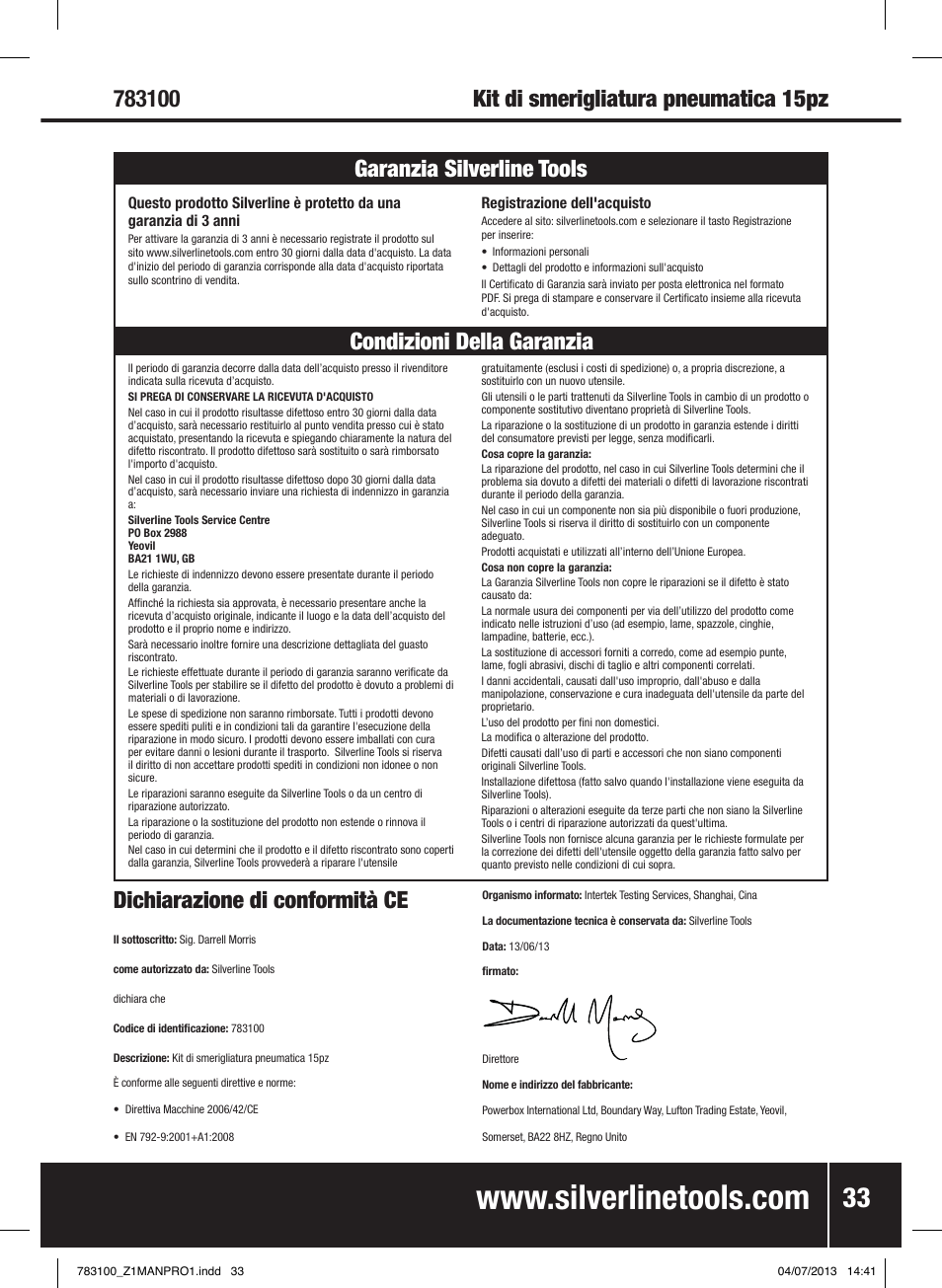 Dichiarazione di conformità ce | Silverline Air Die Grinder Kit 15pce User Manual | Page 34 / 40