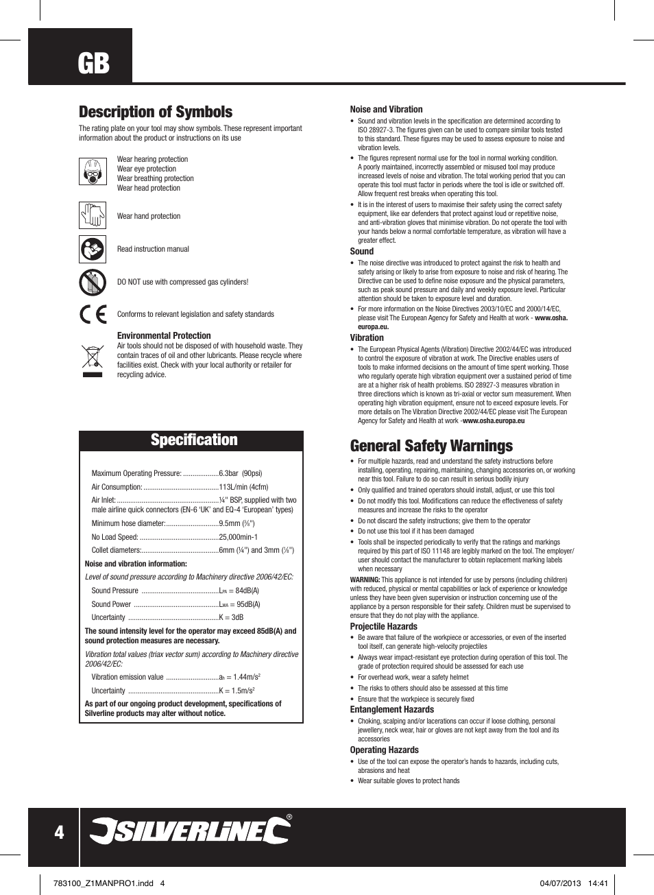 General safety warnings, Description of symbols, Specification | Silverline Air Die Grinder Kit 15pce User Manual | Page 5 / 40