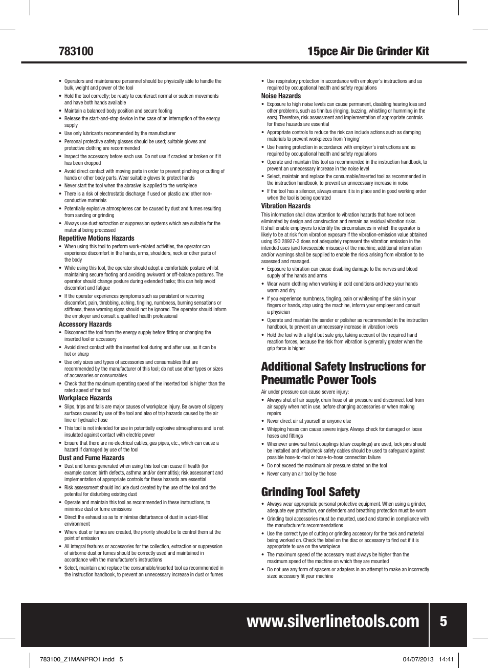 Grinding tool safety, 15pce air die grinder kit | Silverline Air Die Grinder Kit 15pce User Manual | Page 6 / 40