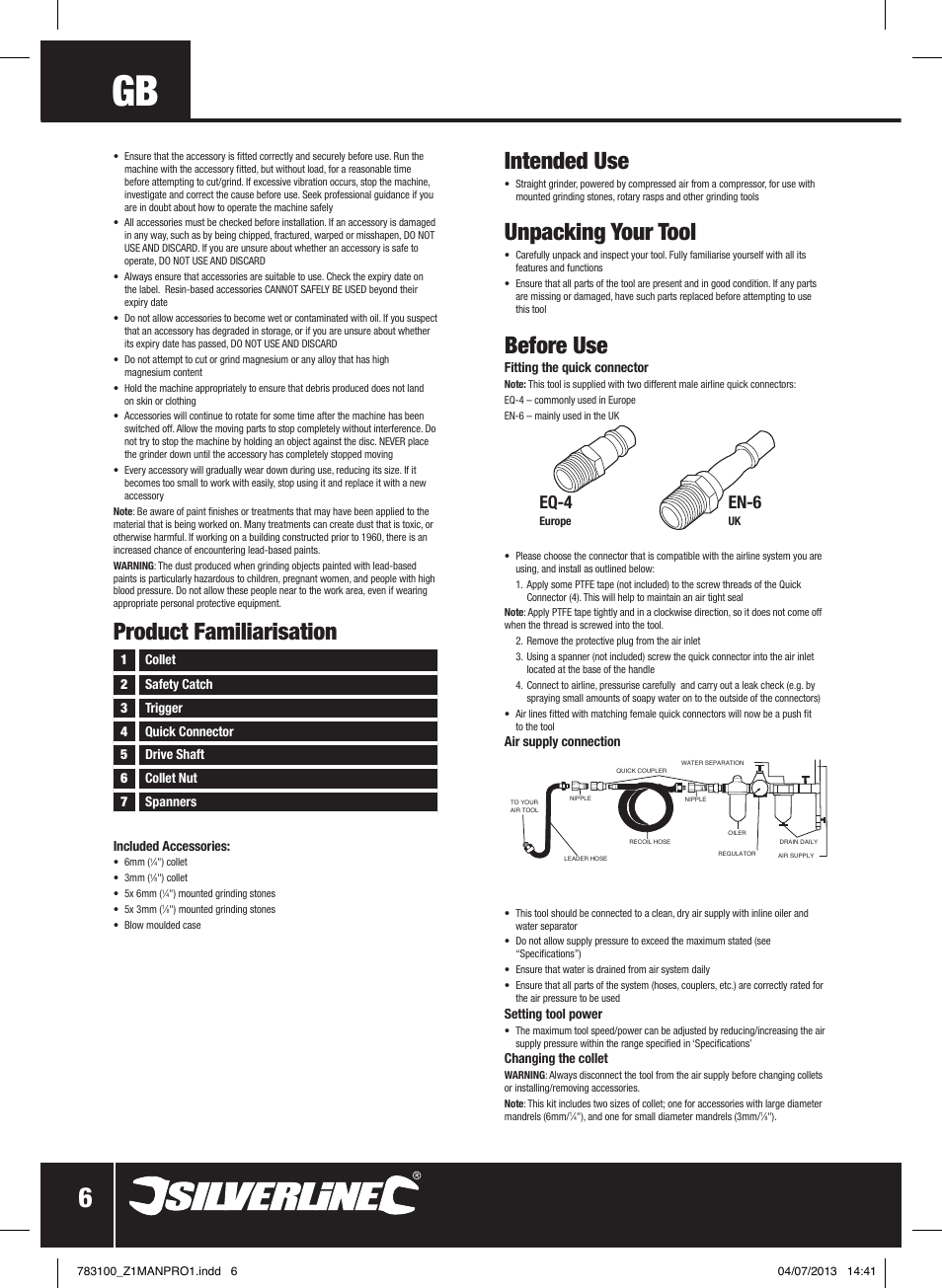 Intended use, Unpacking your tool, Before use | Product familiarisation, Eq-4, En-6 | Silverline Air Die Grinder Kit 15pce User Manual | Page 7 / 40