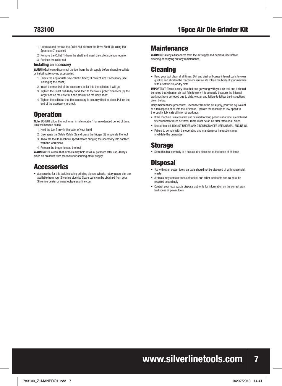 15pce air die grinder kit, Operation, Accessories | Maintenance, Cleaning, Storage, Disposal | Silverline Air Die Grinder Kit 15pce User Manual | Page 8 / 40