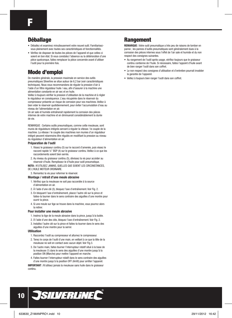 Rangement, Déballage, Mode d’emploi | Silverline Air Micro Grinder Kit User Manual | Page 11 / 28