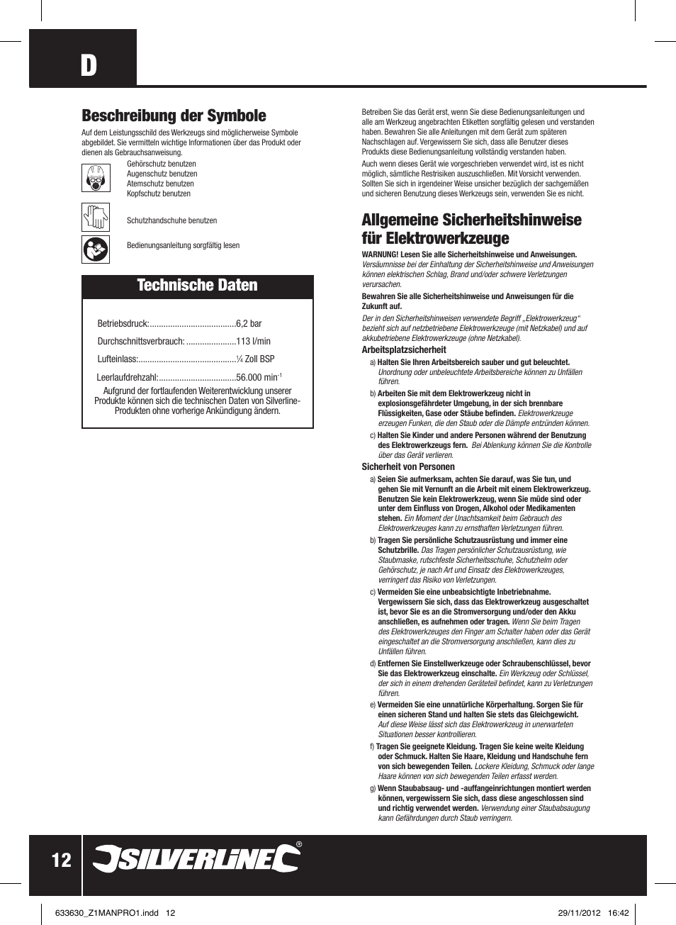 Technische daten, Beschreibung der symbole | Silverline Air Micro Grinder Kit User Manual | Page 13 / 28