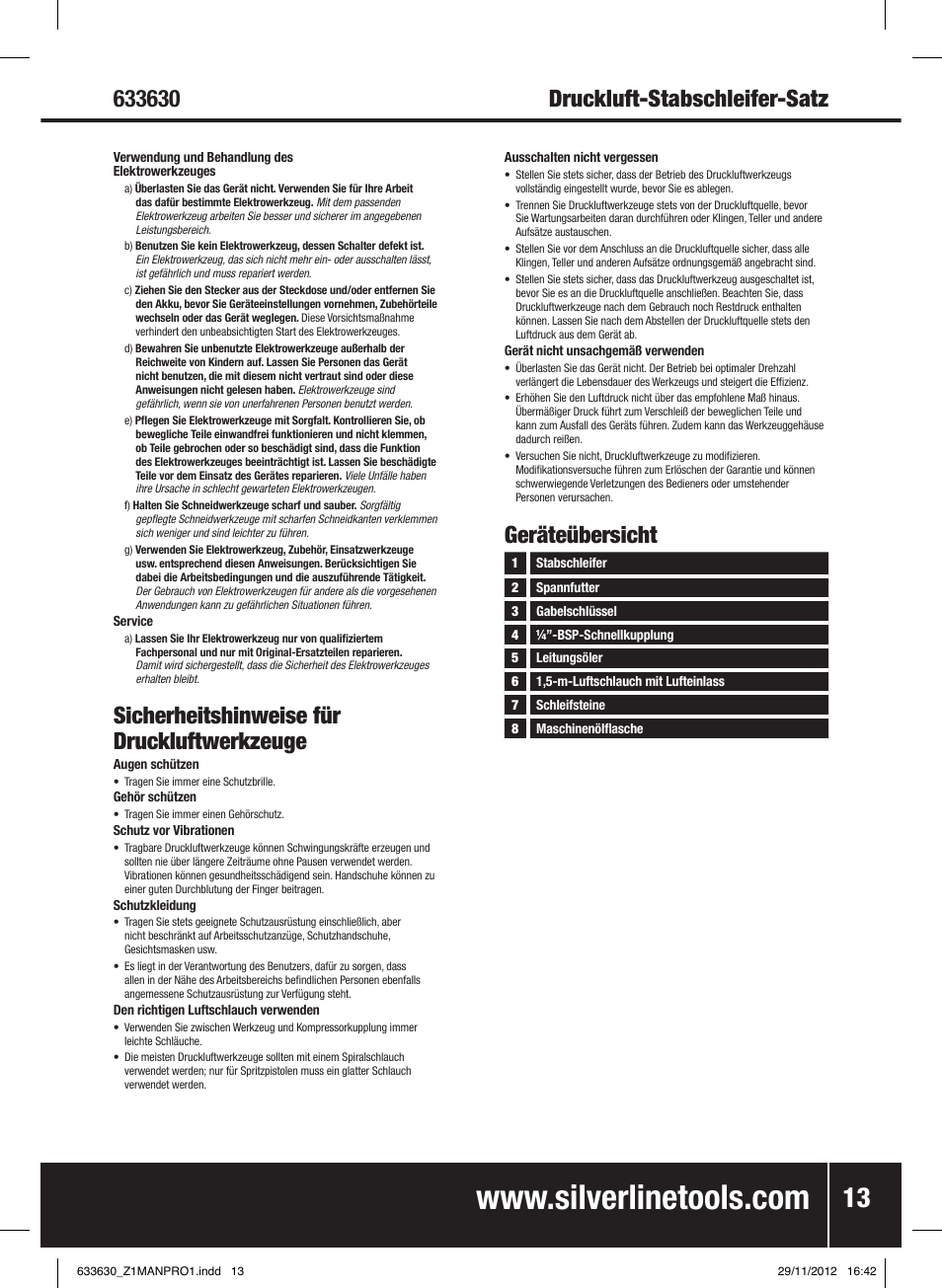 Sicherheitshinweise für druckluftwerkzeuge, Geräteübersicht | Silverline Air Micro Grinder Kit User Manual | Page 14 / 28