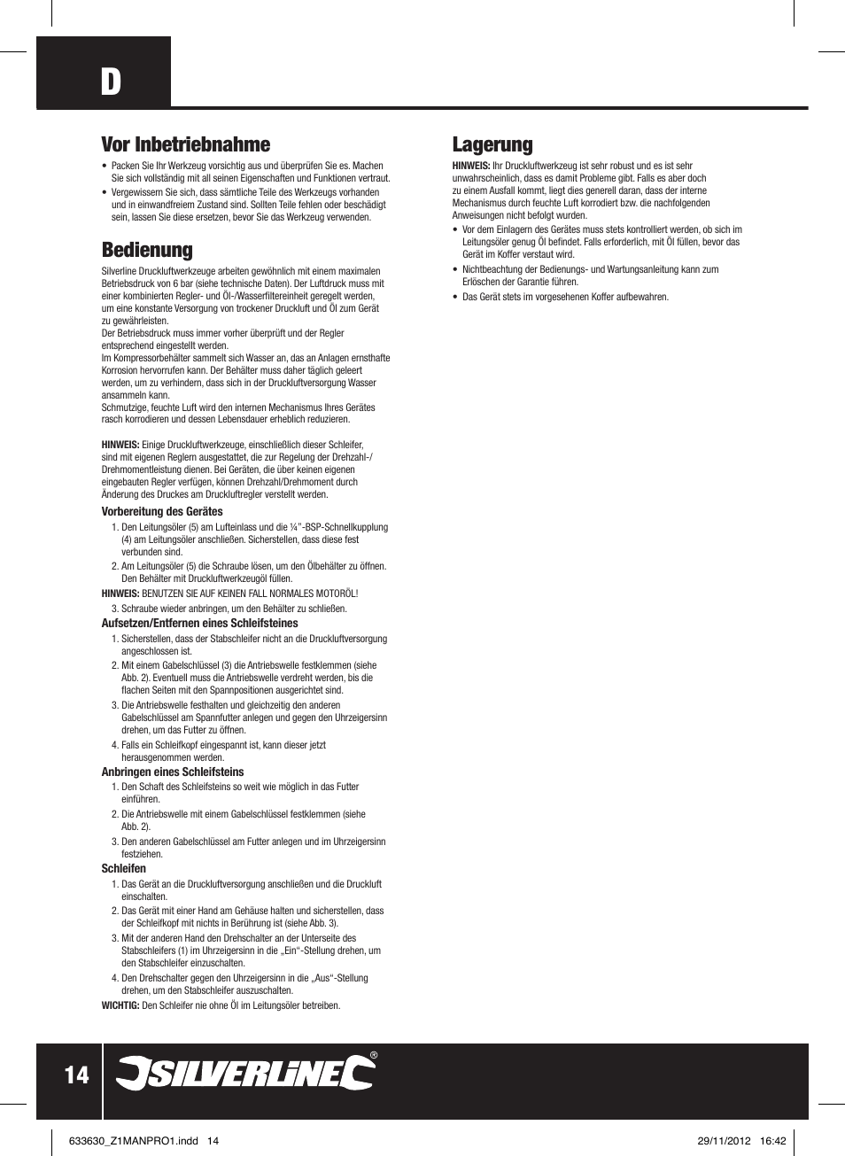Lagerung, Vor inbetriebnahme, Bedienung | Silverline Air Micro Grinder Kit User Manual | Page 15 / 28