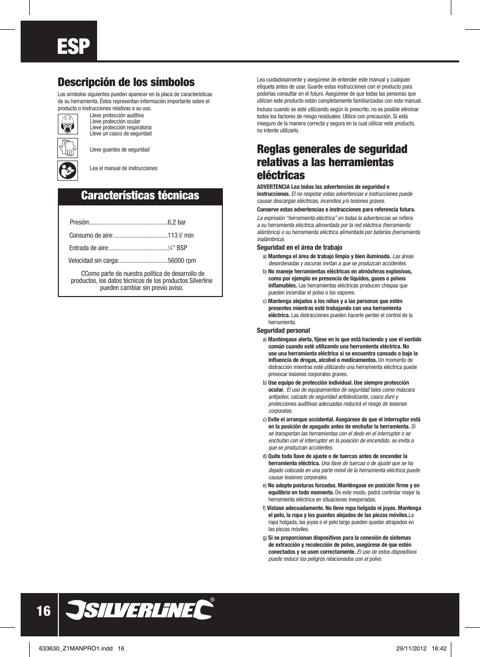 Características técnicas, Descripción de los símbolos | Silverline Air Micro Grinder Kit User Manual | Page 17 / 28