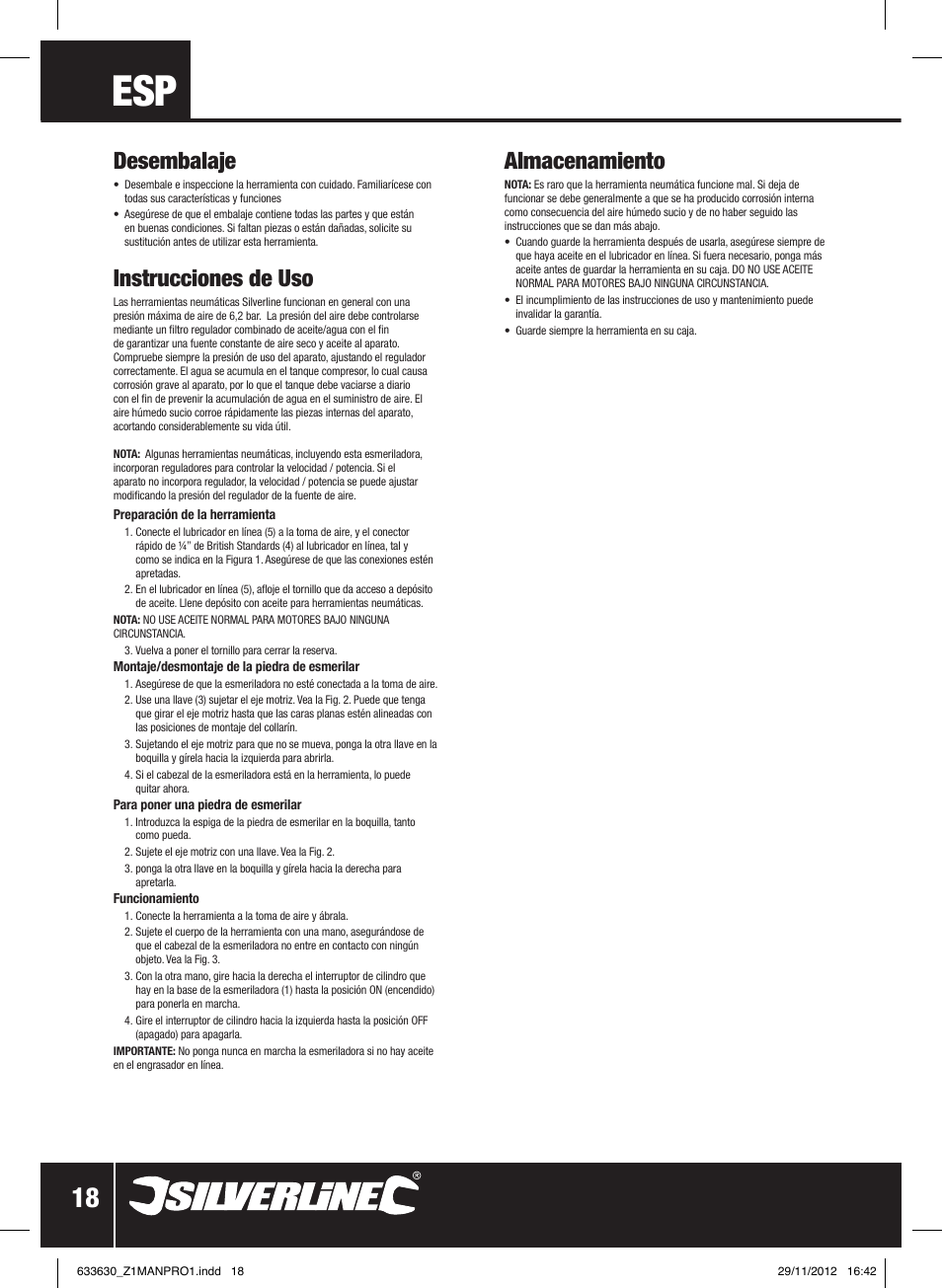 Almacenamiento, Desembalaje, Instrucciones de uso | Silverline Air Micro Grinder Kit User Manual | Page 19 / 28