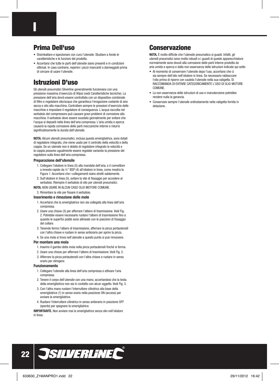 Prima dell'uso, Istruzioni d’uso, Conservazione | Silverline Air Micro Grinder Kit User Manual | Page 23 / 28