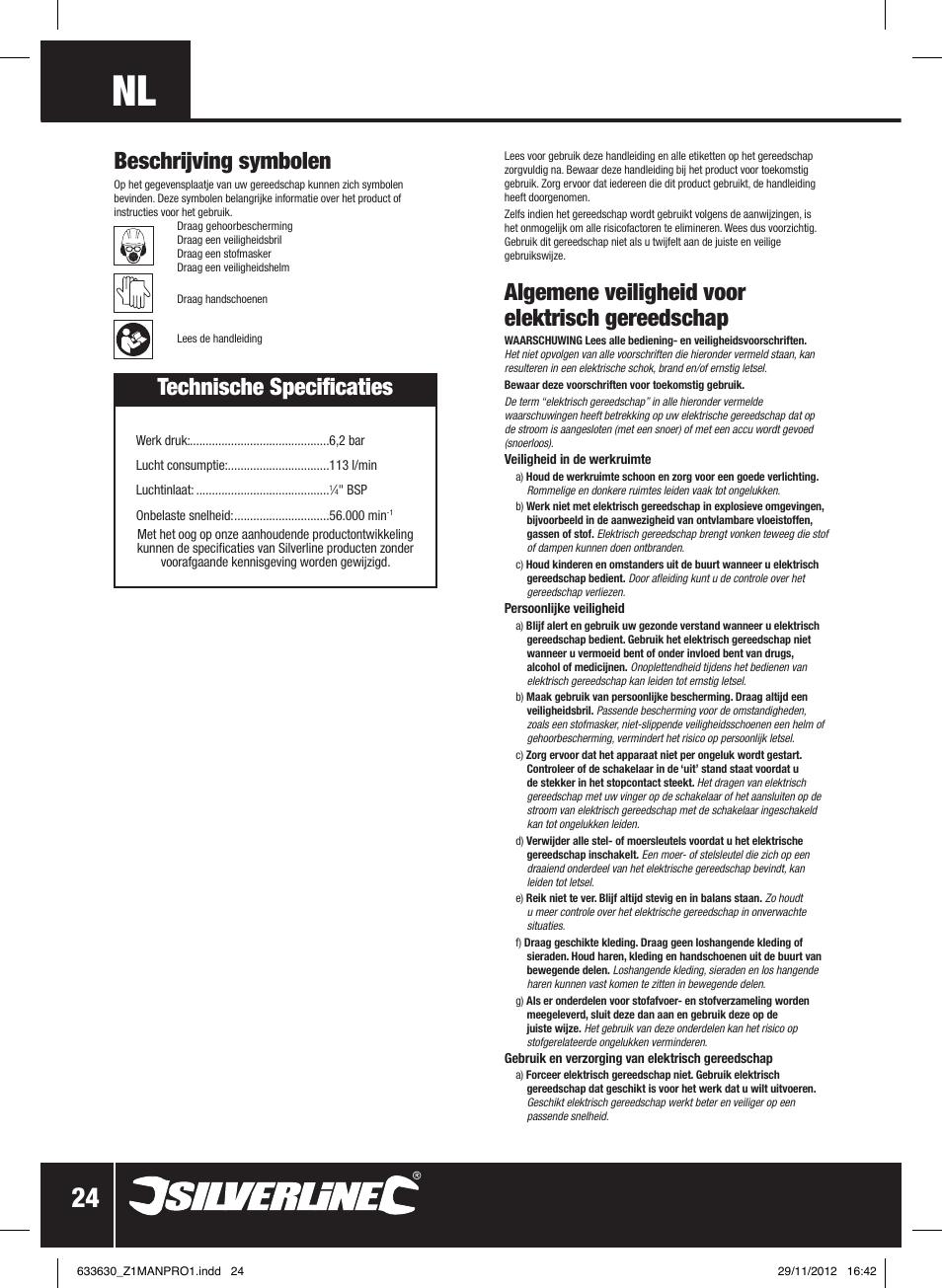 Algemene veiligheid voor elektrisch gereedschap, Technische specificaties, Beschrijving symbolen | Silverline Air Micro Grinder Kit User Manual | Page 25 / 28