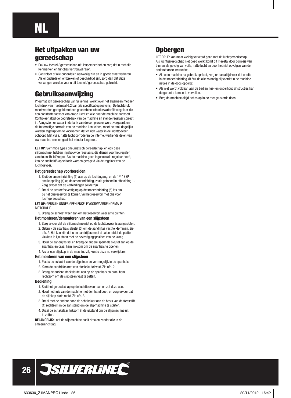 Opbergen, Het uitpakken van uw gereedschap, Gebruiksaanwijzing | Silverline Air Micro Grinder Kit User Manual | Page 27 / 28