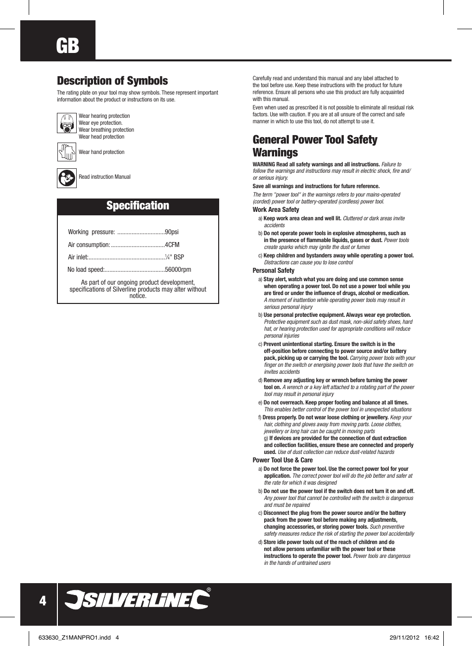 General power tool safety warnings, Specification, Description of symbols | Silverline Air Micro Grinder Kit User Manual | Page 5 / 28