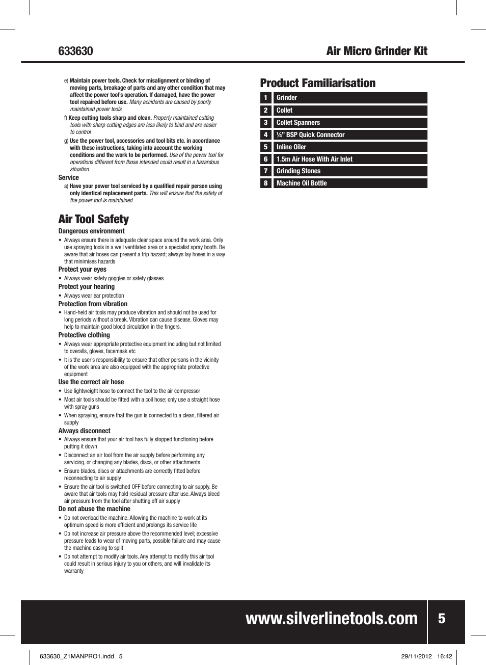 Air tool safety, Product familiarisation | Silverline Air Micro Grinder Kit User Manual | Page 6 / 28