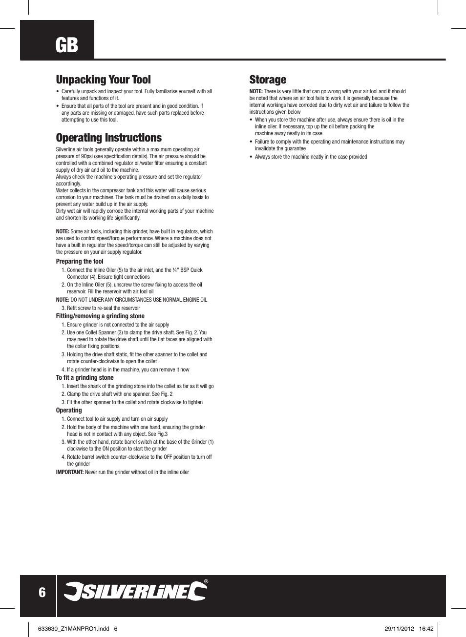 Storage, Unpacking your tool, Operating instructions | Silverline Air Micro Grinder Kit User Manual | Page 7 / 28