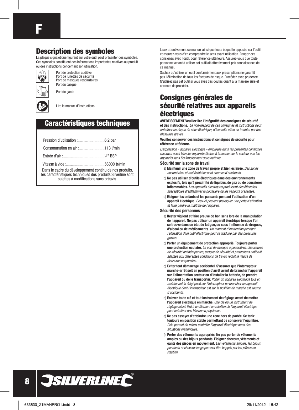 Caractéristiques techniques, Description des symboles | Silverline Air Micro Grinder Kit User Manual | Page 9 / 28