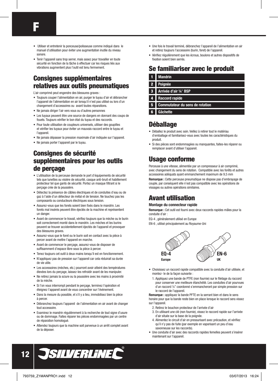 Se familiariser avec le produit déballage, Usage conforme, Avant utilisation | Eq-4, En-6 | Silverline Air Drill Reversible User Manual | Page 13 / 40