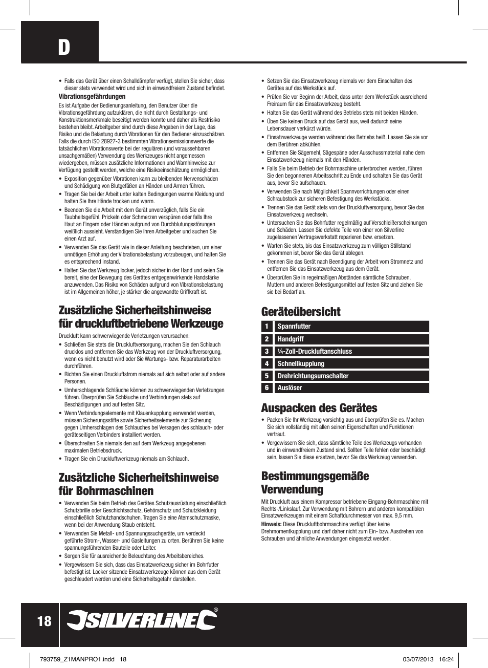 Zusätzliche sicherheitshinweise für bohrmaschinen, Geräteübersicht auspacken des gerätes, Bestimmungsgemäße verwendung | Silverline Air Drill Reversible User Manual | Page 19 / 40