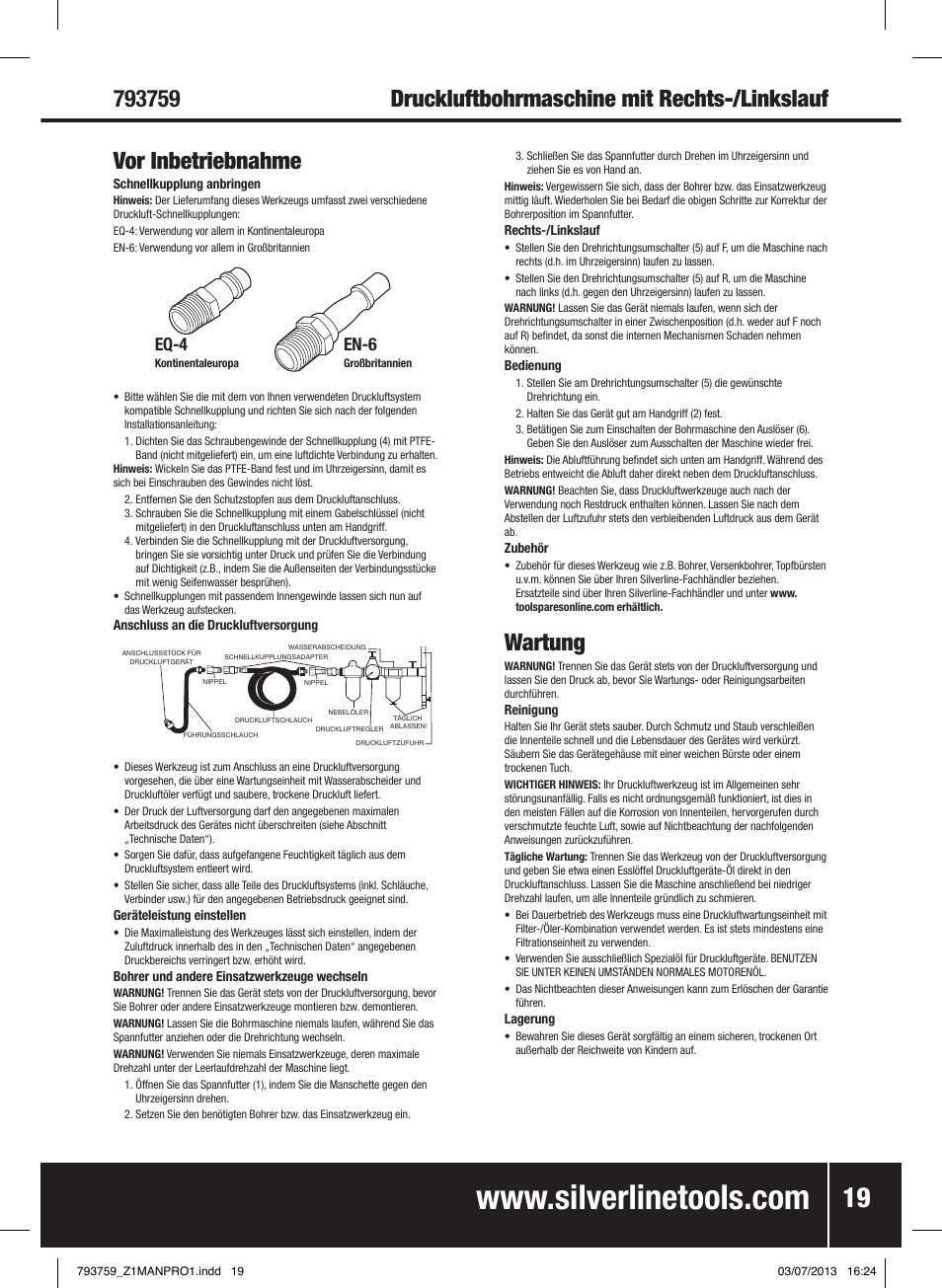 Vor inbetriebnahme, Wartung, Eq-4 | En-6 | Silverline Air Drill Reversible User Manual | Page 20 / 40