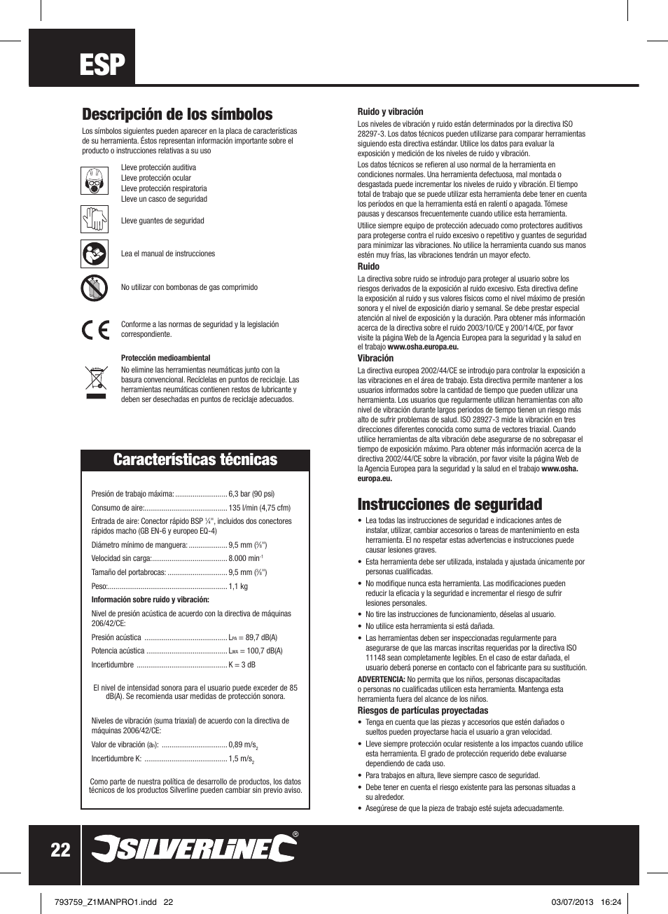 Instrucciones de seguridad, Descripción de los símbolos, Características técnicas | Silverline Air Drill Reversible User Manual | Page 23 / 40