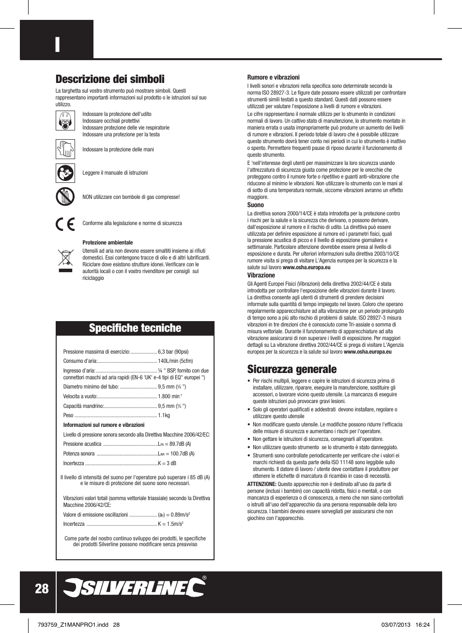 Sicurezza generale, Descrizione dei simboli, Specifiche tecniche | Silverline Air Drill Reversible User Manual | Page 29 / 40