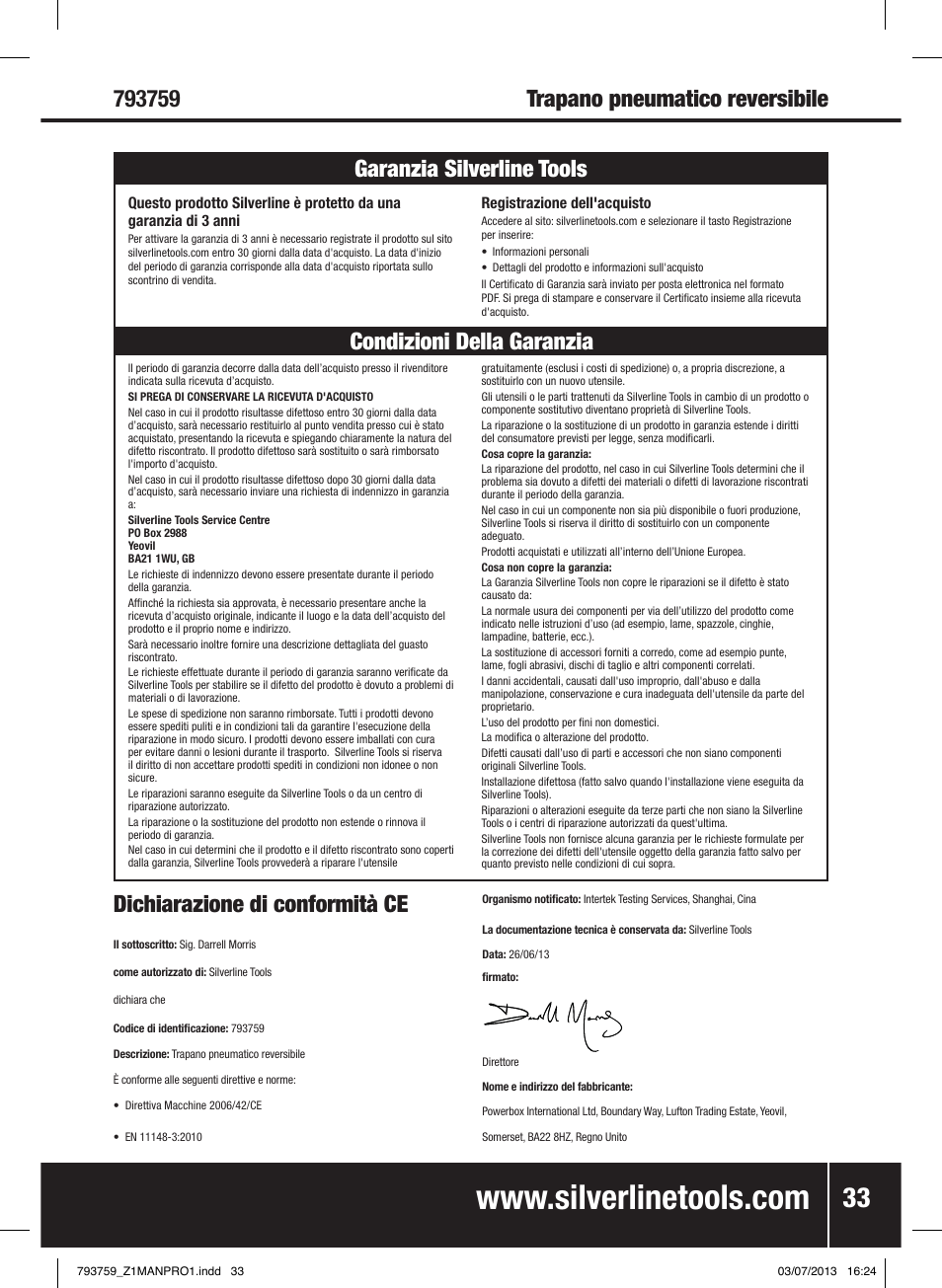Dichiarazione di conformità ce | Silverline Air Drill Reversible User Manual | Page 34 / 40