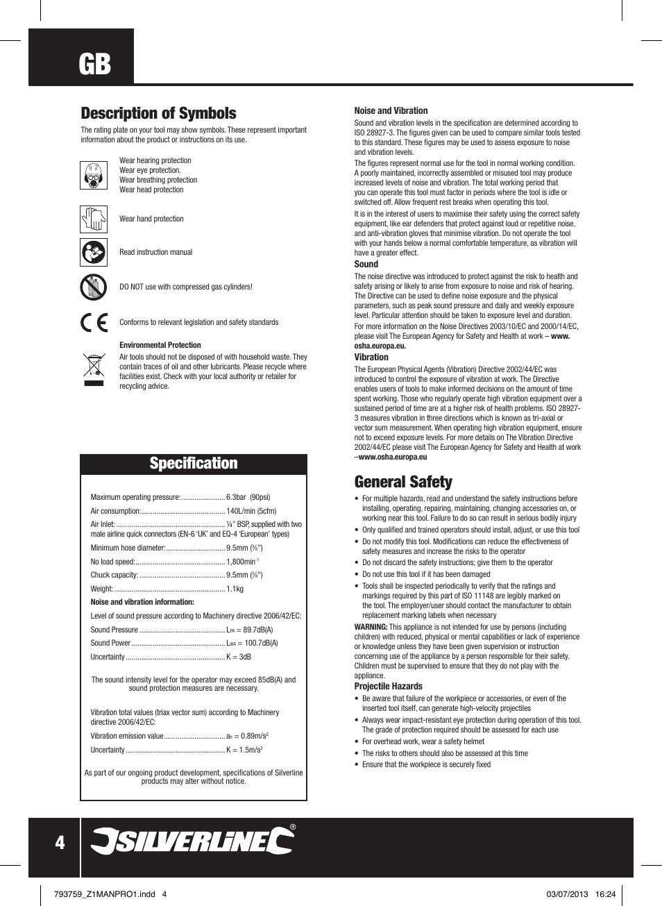 General safety, Specification, Description of symbols | Silverline Air Drill Reversible User Manual | Page 5 / 40