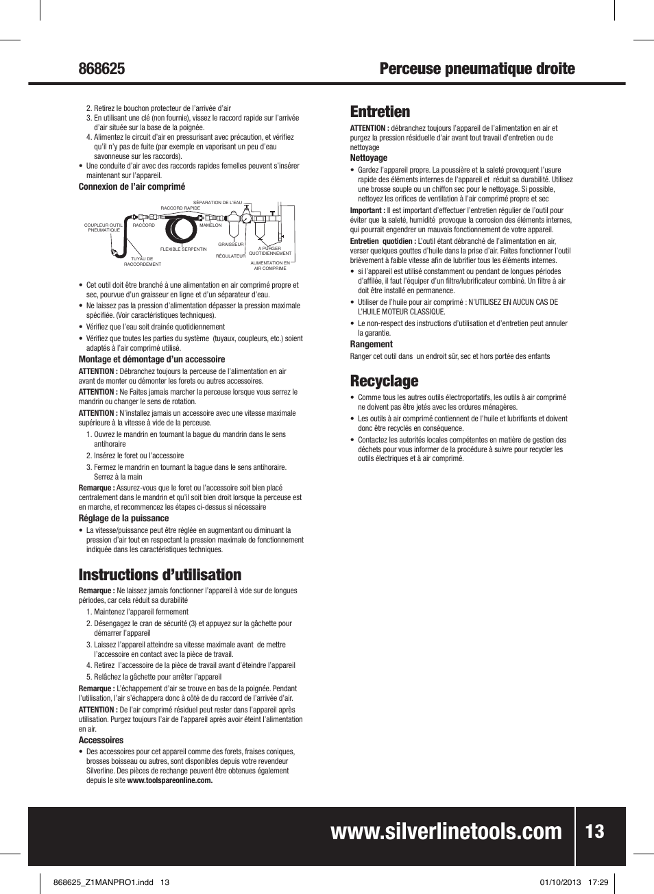 Instructions d’utilisation, Entretien, Recyclage | Silverline Air Drill Straight User Manual | Page 14 / 40