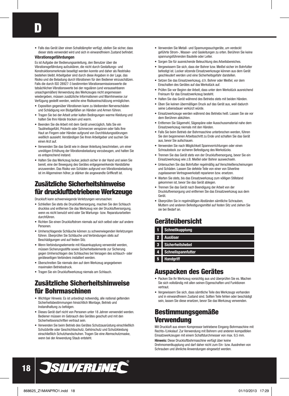 Zusätzliche sicherheitshinweise für bohrmaschinen, Geräteübersicht auspacken des gerätes, Bestimmungsgemäße verwendung | Silverline Air Drill Straight User Manual | Page 19 / 40