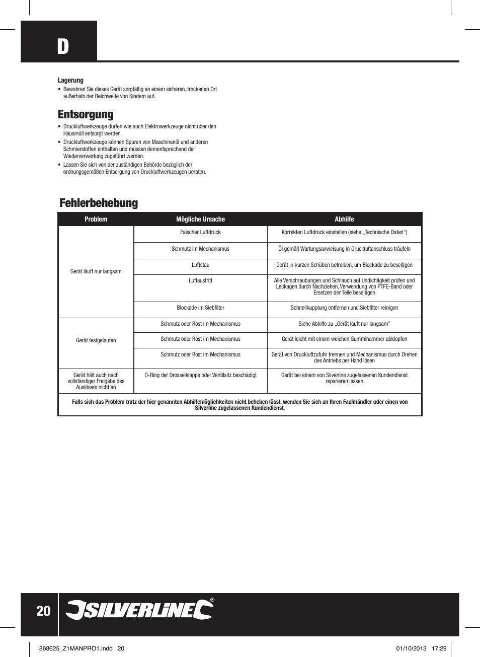 Entsorgung, Fehlerbehebung | Silverline Air Drill Straight User Manual | Page 21 / 40