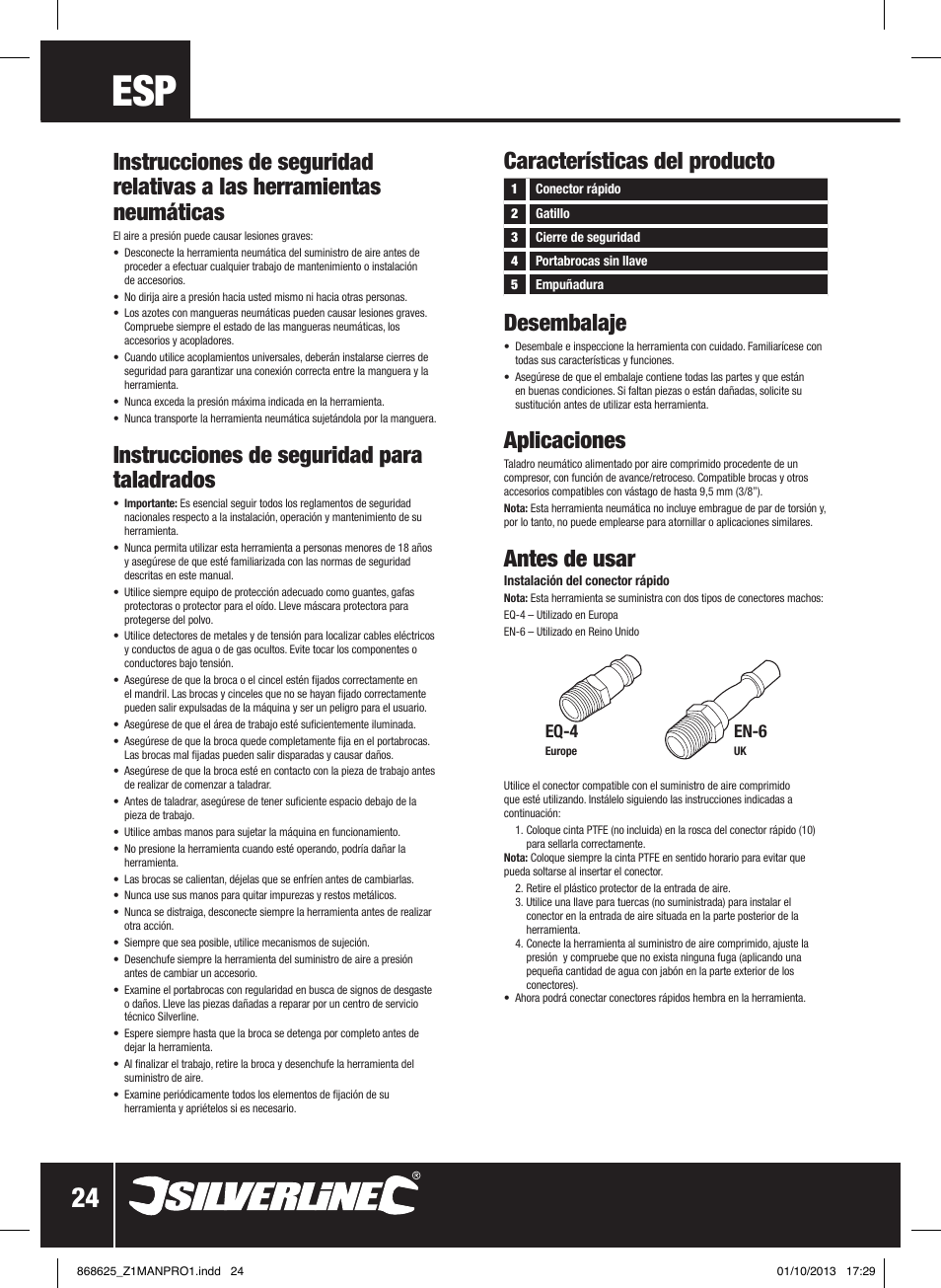 Instrucciones de seguridad para taladrados, Características del producto desembalaje, Aplicaciones | Antes de usar, Eq-4, En-6 | Silverline Air Drill Straight User Manual | Page 25 / 40