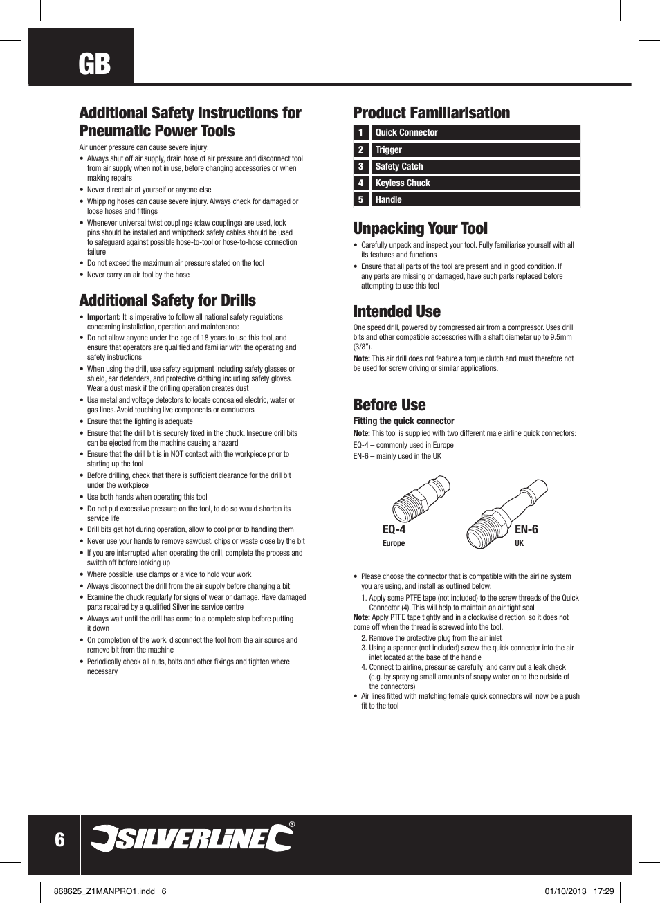 Unpacking your tool, Intended use, Before use | Additional safety for drills, Product familiarisation, Eq-4, En-6 | Silverline Air Drill Straight User Manual | Page 7 / 40