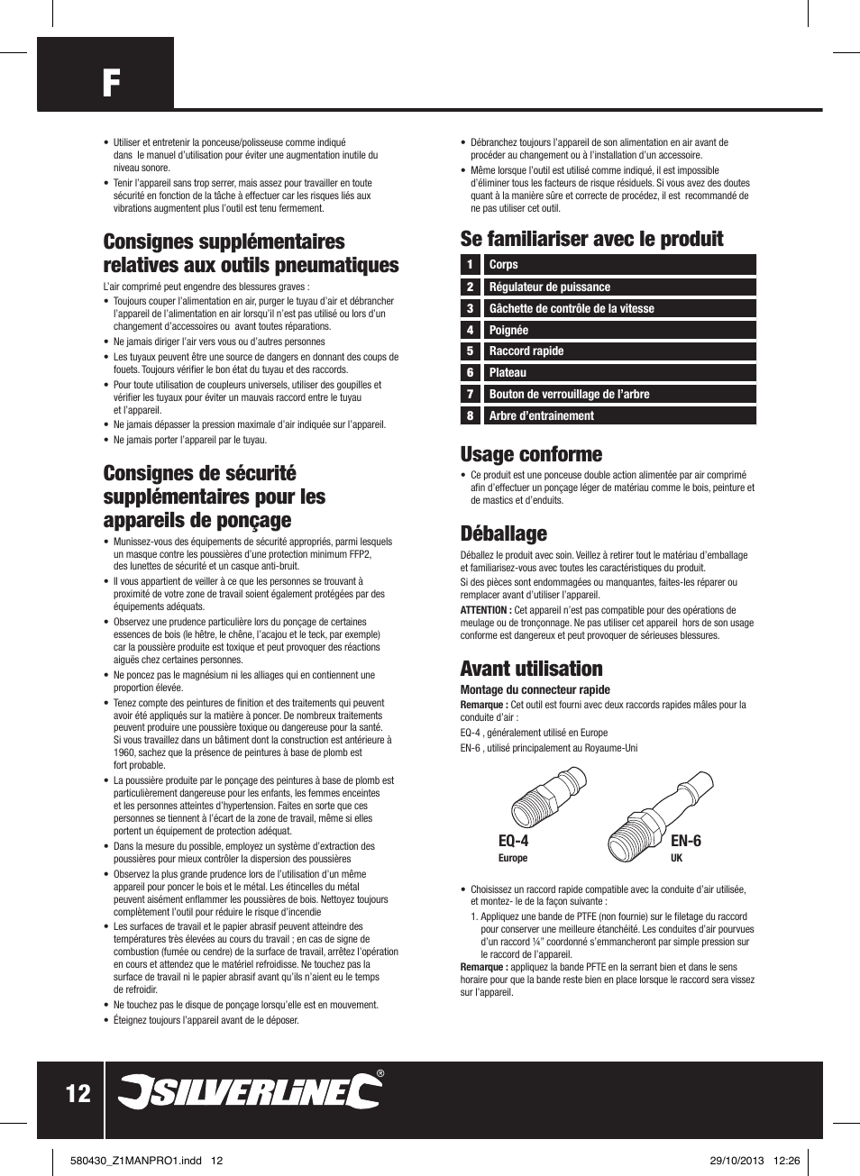 Se familiariser avec le produit usage conforme, Déballage, Avant utilisation | Silverline Air Sander & Polisher User Manual | Page 13 / 40
