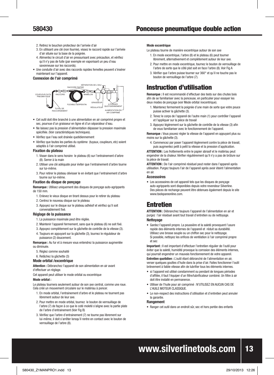 Instruction d’utilisation, Entretien | Silverline Air Sander & Polisher User Manual | Page 14 / 40