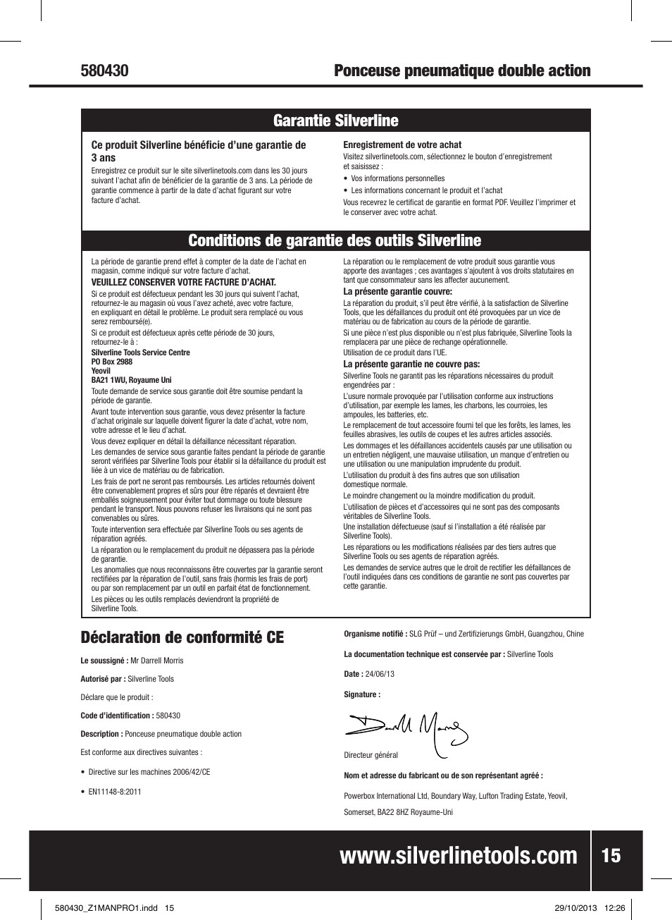 Déclaration de conformité ce | Silverline Air Sander & Polisher User Manual | Page 16 / 40